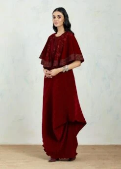 Maroon Circular Velvet Hand Block Printed Cape Paired With Crinkle Drape Dress -Ethereal Styles 3 51422