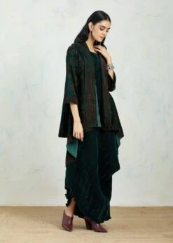 Hand Block Printed Velvet Jacket Cape Paired With Crinkle Drape Dress -Ethereal Styles 3 51428