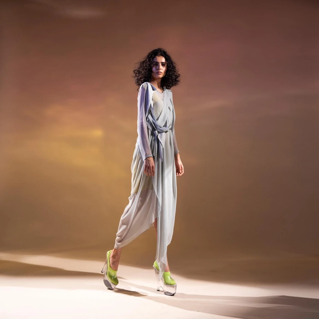 Grey Asymmetric Draped Chiffon Drip Deatiling Dress 4 Grey Asymmetric Draped Chiffon Drip Deatiling Dress - Image 2