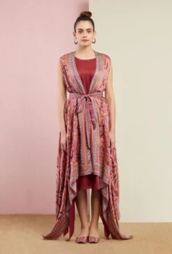 Morbagh Rose Pink Embroidered And Printed Cape With Dress -Ethereal Styles 3 8694