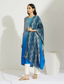 Artisanal Firozi Blue Asymmetrical Ombre Dress Kurta With Printed Stole -Ethereal Styles 4 11598