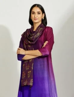Artisanal Dark Purple Asymmetrical Ombre Dress Kurta With Printed Stole -Ethereal Styles 4 11600
