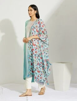 Artisanal Blue And Mauve Asymmetrical Ombre Dress Kurta With Printed Stole -Ethereal Styles 4 11604