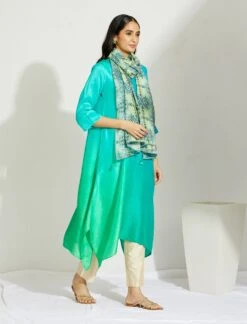 Artisanal Green And Blue Asymmetrical Ombre Dress Kurta With Printed Stole -Ethereal Styles 4 11605