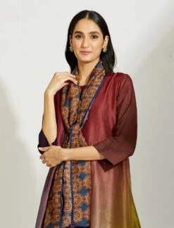 Artisanal Olive Navy Maroon Asymmetrical Ombre Dress Kurta With Printed Stole -Ethereal Styles 4 11608