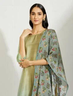 Artisanal Olive Pista Asymmetrical Ombre Dress Kurta With Printed Stole -Ethereal Styles 4 11609