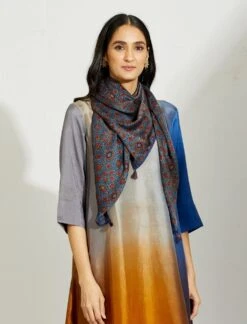 Artisanal Ink Mustard Asymmetrical Ombre Dress Kurta With Printed Stole -Ethereal Styles 4 11610
