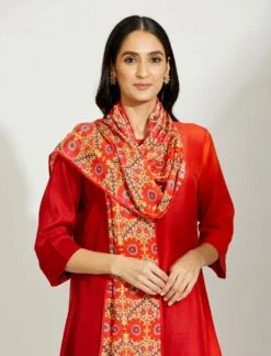Artisanal Orange Red Asymmetrical Ombre Dress Kurta With Printed Stole -Ethereal Styles 4 11611