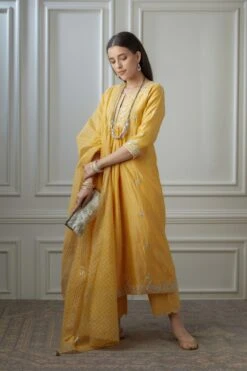 Golden Yellow Silver Zari Embroidered Kurta Dress Set With Fine Gathers At Waistline 14 Golden Yellow Silver Zari Embroidered Kurta Dress Set With Fine Gathers At Waistline -Ethereal Styles 4 14405