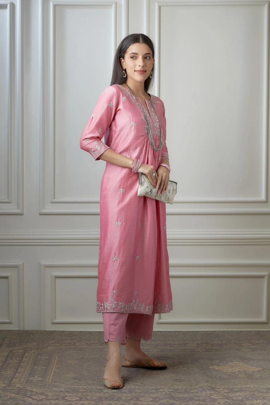 Lotus Pink Silver Zari Embroidered Kurta Dress Set With Fine Gathers At Waistline 6 Lotus Pink Silver Zari Embroidered Kurta Dress Set With Fine Gathers At Waistline - Image 4