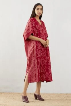 Oxblood Pleated Kaftan V-Neck Dress -Ethereal Styles 4 15451