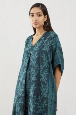 Teal Pleated Kaftan V-Neck Dress -Ethereal Styles 4 15452
