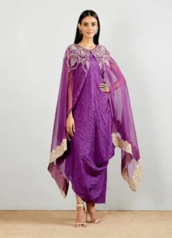 Purple Crinkle Dress Paired With Silk Organza Cape In Gota And Bead Embroidery -Ethereal Styles 4 16091