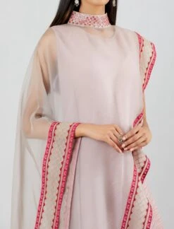 Blush Pink Grey Shaded Crinkle Crepe Dress With Asymmetric Cape -Ethereal Styles 4 18661