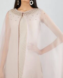 Pearl Grey Crinkle Dress With Front Open Cape -Ethereal Styles 4 18663