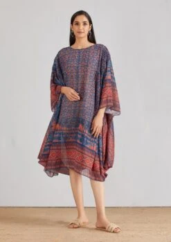 Blue Pleated Mid Calf Length Kaftaan Dress -Ethereal Styles 4 19045