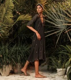 Charcoal Polka Ruffled Empire Yoke Dress -Ethereal Styles 4 24769