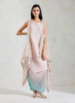 Pink With Aquatic Sage Shaded Organza And Crinkle Crepe Cape And Dress -Ethereal Styles 4 26775