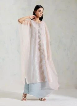 Pink And Aquatic Sage Shaded Organza And Crinkle Crepe Cape And Dress -Ethereal Styles 4 26777