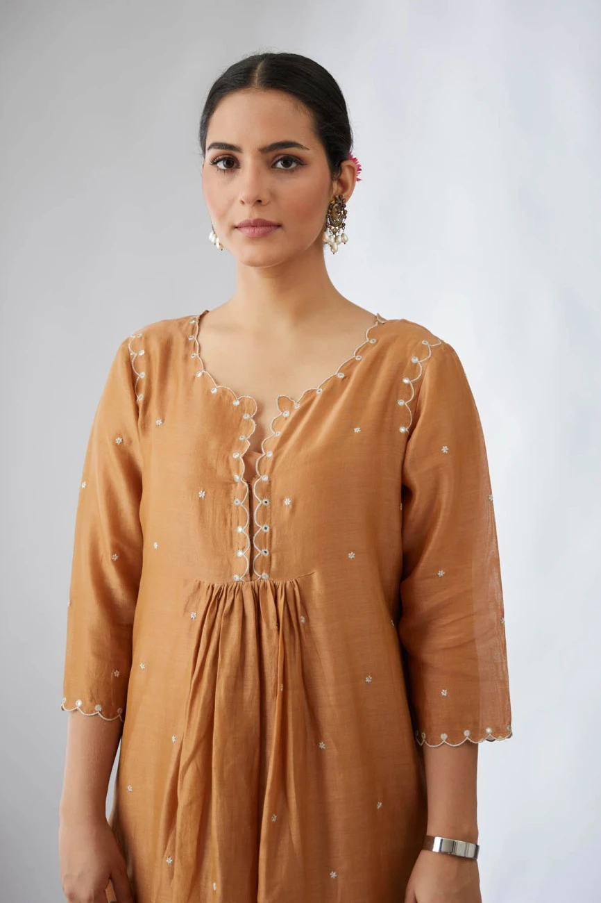 Silk Chanderi Kurta Dress Set In Copper 6 Silk Chanderi Kurta Dress Set In Copper - Image 4