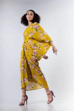 Yellow Bougainvillea Printed Drawstring Kite Dress -Ethereal Styles 4 28954