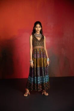 Brown Mirch Masala Embroidered Belt Tiered Dress -Ethereal Styles 4 31584