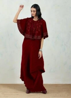 Maroon Circular Velvet Hand Block Printed Cape Paired With Crinkle Drape Dress -Ethereal Styles 4 33997