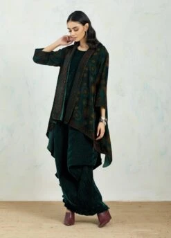 Hand Block Printed Velvet Jacket Cape Paired With Crinkle Drape Dress -Ethereal Styles 4 34003