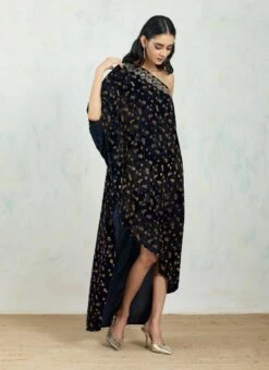 One Shoulder Velvet Asymetric Dress Embellished And Hand Block Printed -Ethereal Styles 4 34020