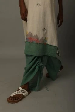 Ivory White With Green Khadi Jamdani Tunic Dress With String Trouser -Ethereal Styles 4 5283