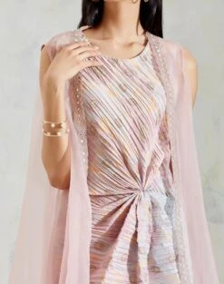 Pink And Aqua Sage Shaded Organza And Crinkle Crepe Cape And Dress -Ethereal Styles 5 12730