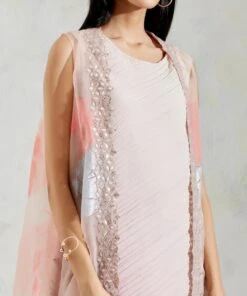 Pink With Aquatic Sage Shaded Organza And Crinkle Crepe Cape And Dress -Ethereal Styles 5 12731