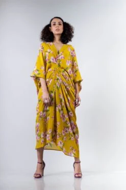 Yellow Bougainvillea Printed Drawstring Kite Dress -Ethereal Styles 5 13853