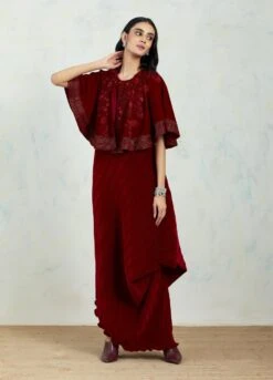 Maroon Circular Velvet Hand Block Printed Cape Paired With Crinkle Drape Dress -Ethereal Styles 5 16502