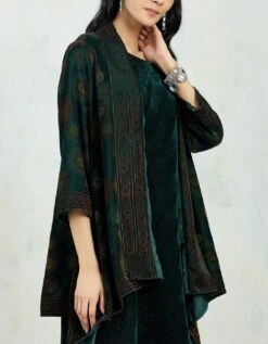 Hand Block Printed Velvet Jacket Cape Paired With Crinkle Drape Dress -Ethereal Styles 5 16508