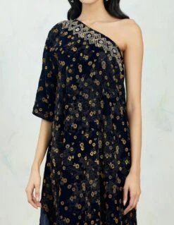 One Shoulder Velvet Asymetric Dress Embellished And Hand Block Printed -Ethereal Styles 5 16519