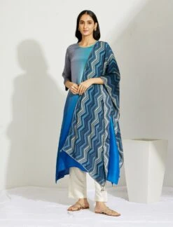 Artisanal Firozi Blue Asymmetrical Ombre Dress Kurta With Printed Stole -Ethereal Styles 5 5095