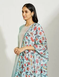 Artisanal Blue And Mauve Asymmetrical Ombre Dress Kurta With Printed Stole -Ethereal Styles 5 5098