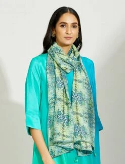 Artisanal Green And Blue Asymmetrical Ombre Dress Kurta With Printed Stole -Ethereal Styles 5 5099