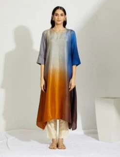 Artisanal Ink Mustard Asymmetrical Ombre Dress Kurta With Printed Stole -Ethereal Styles 5 5102