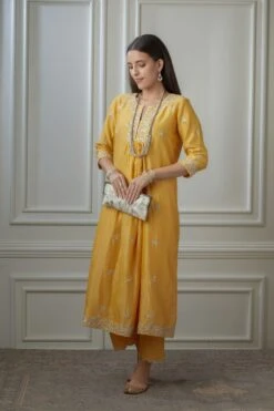 Golden Yellow Silver Zari Embroidered Kurta Dress Set With Fine Gathers At Waistline 15 Golden Yellow Silver Zari Embroidered Kurta Dress Set With Fine Gathers At Waistline -Ethereal Styles 5 6442