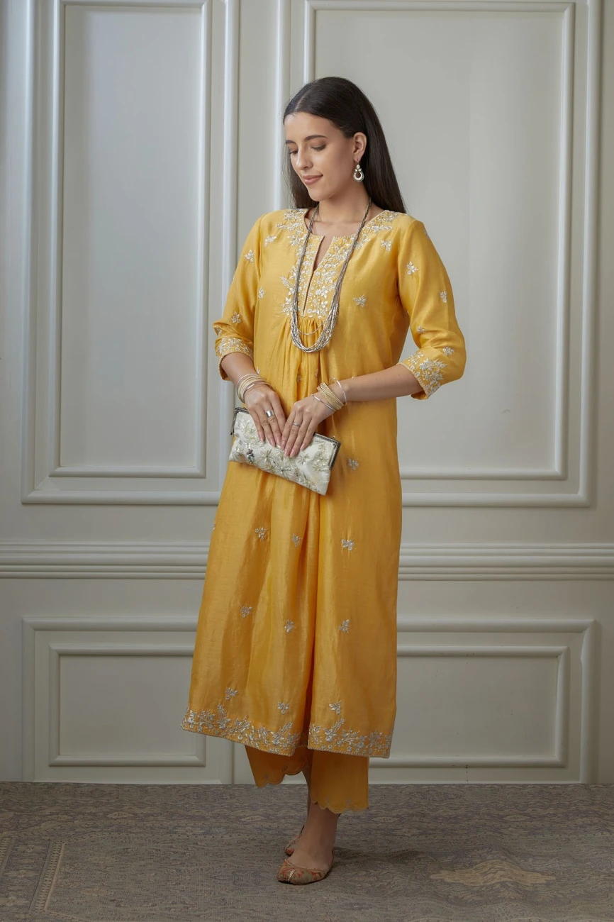 Golden Yellow Silver Zari Embroidered Kurta Dress Set With Fine Gathers At Waistline 7 Golden Yellow Silver Zari Embroidered Kurta Dress Set With Fine Gathers At Waistline - Image 5