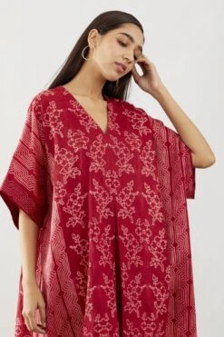 Oxblood Pleated Kaftan V-Neck Dress -Ethereal Styles 5 6908