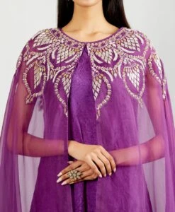 Purple Crinkle Dress Paired With Silk Organza Cape In Gota And Bead Embroidery -Ethereal Styles 5 7213