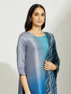 Artisanal Firozi Blue Asymmetrical Ombre Dress Kurta With Printed Stole -Ethereal Styles 6 1564
