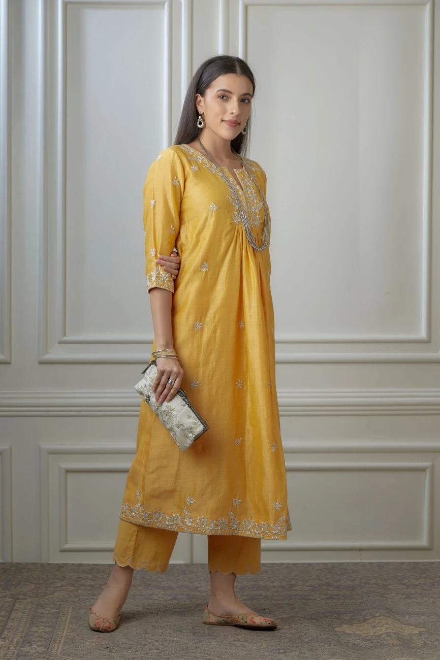 Golden Yellow Silver Zari Embroidered Kurta Dress Set With Fine Gathers At Waistline 8 Golden Yellow Silver Zari Embroidered Kurta Dress Set With Fine Gathers At Waistline - Image 6