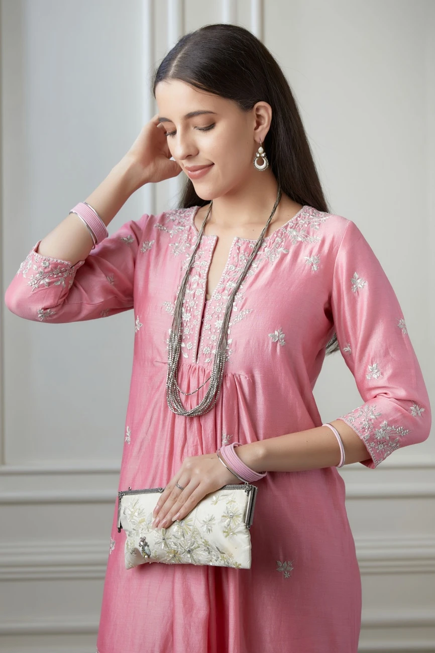 Lotus Pink Silver Zari Embroidered Kurta Dress Set With Fine Gathers At Waistline 8 Lotus Pink Silver Zari Embroidered Kurta Dress Set With Fine Gathers At Waistline - Image 6