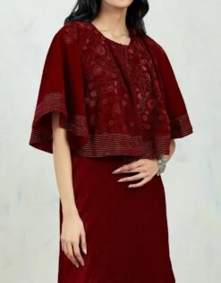 Maroon Circular Velvet Hand Block Printed Cape Paired With Crinkle Drape Dress -Ethereal Styles 6 6471