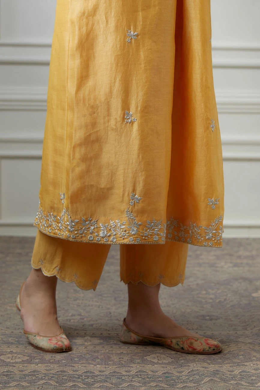 Golden Yellow Silver Zari Embroidered Kurta Dress Set With Fine Gathers At Waistline 9 Golden Yellow Silver Zari Embroidered Kurta Dress Set With Fine Gathers At Waistline - Image 7