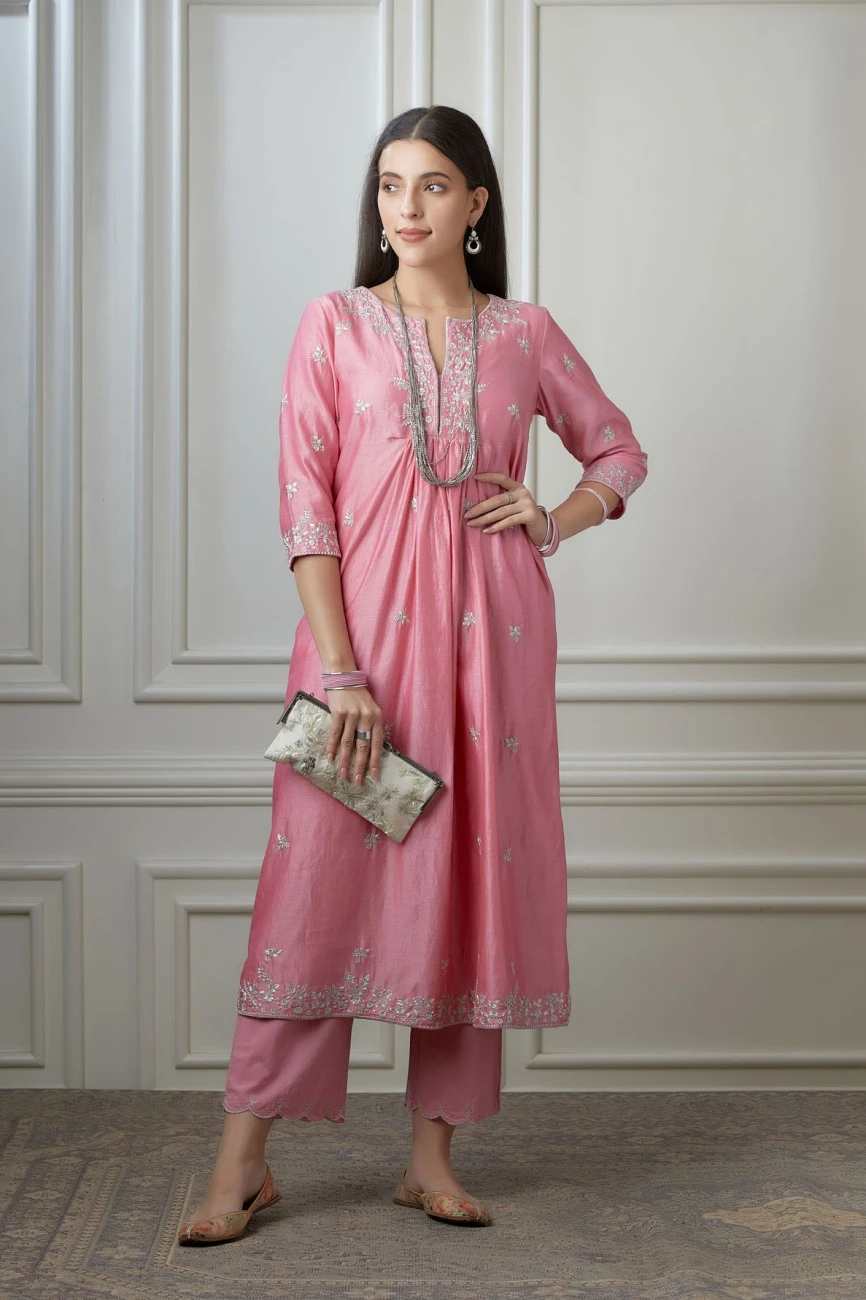 Lotus Pink Silver Zari Embroidered Kurta Dress Set With Fine Gathers At Waistline 9 Lotus Pink Silver Zari Embroidered Kurta Dress Set With Fine Gathers At Waistline - Image 7